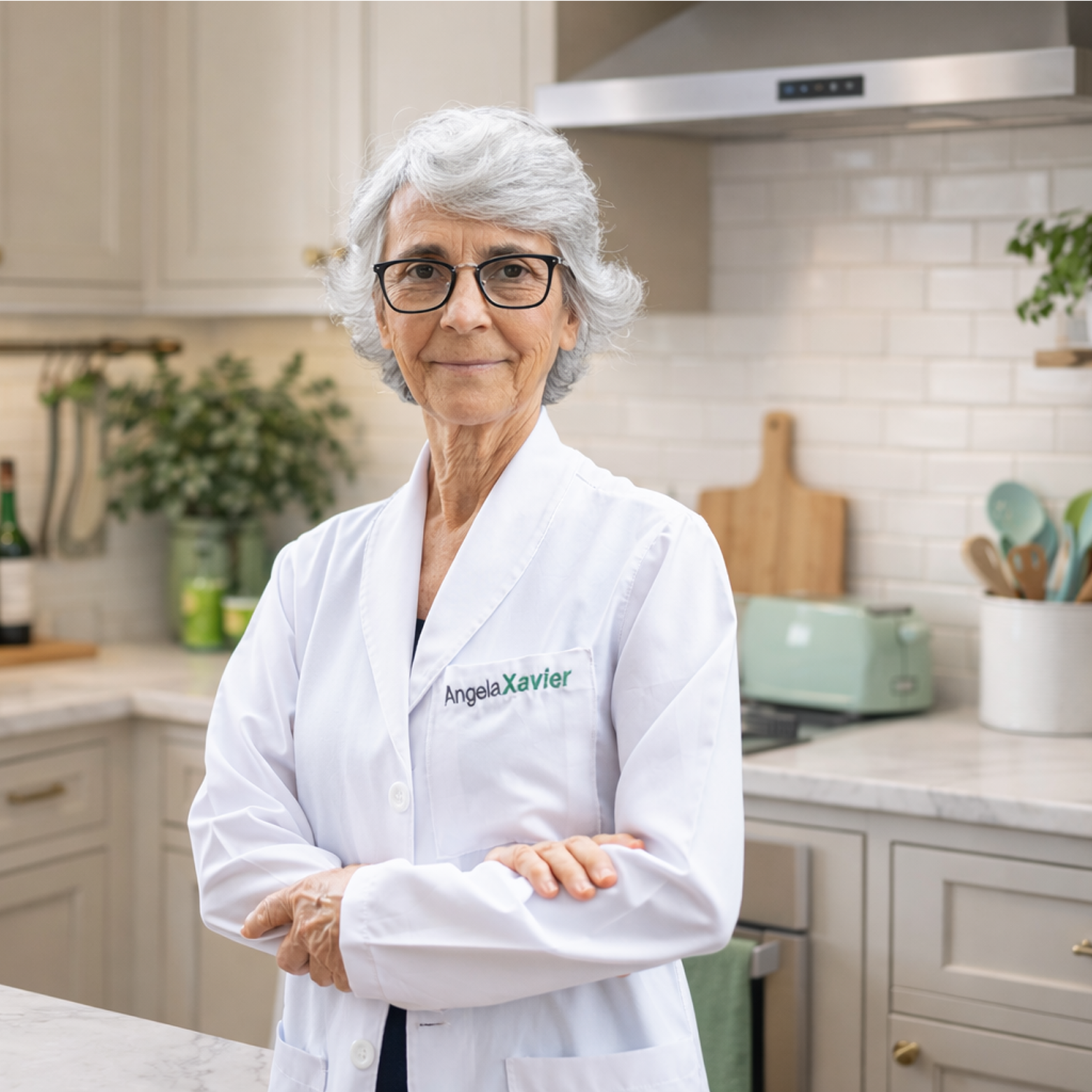 Dra. Angela Xavier de jaleco branco em uma cozinha